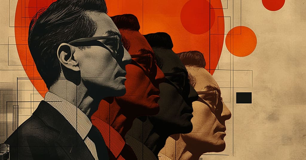 Stylized image of a man in a suit and glasses shown in three overlapping profiles with geometric shapes and large orange circles in the background, evoking the vibrant and delicious energy of brunch.