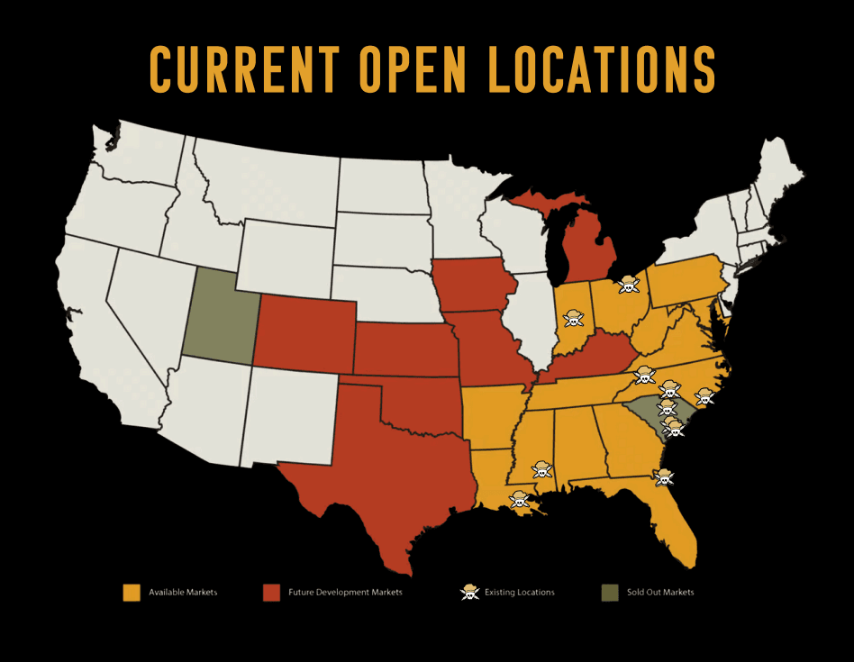 Map of the U.S. showing available, future, and sold-out markets, with icons marking existing locations in the Southeast and Midwest regions.