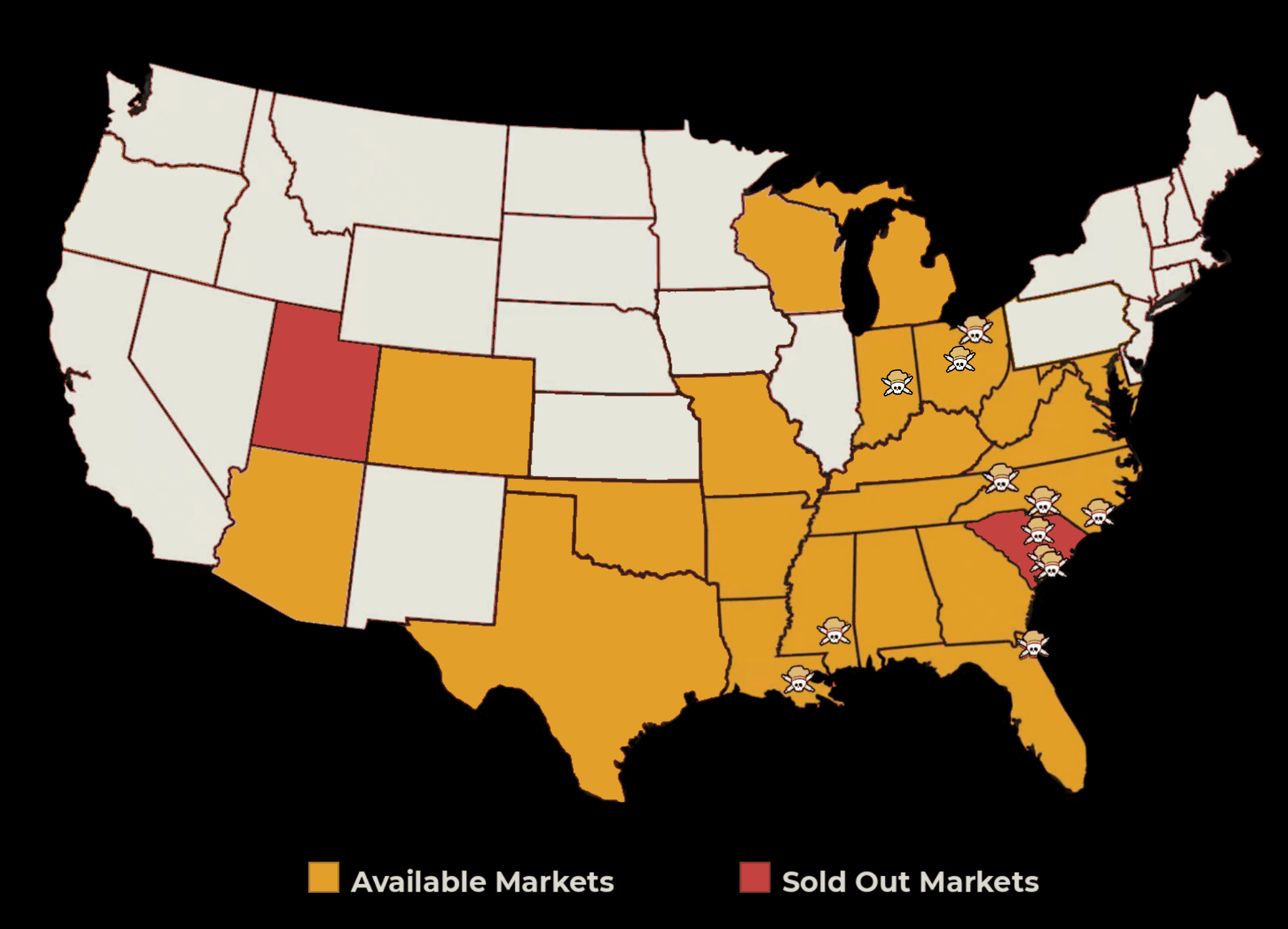 Map of the United States showing available markets in yellow, sold out markets in red, and icons marking specific locations in the eastern and southeastern regions.