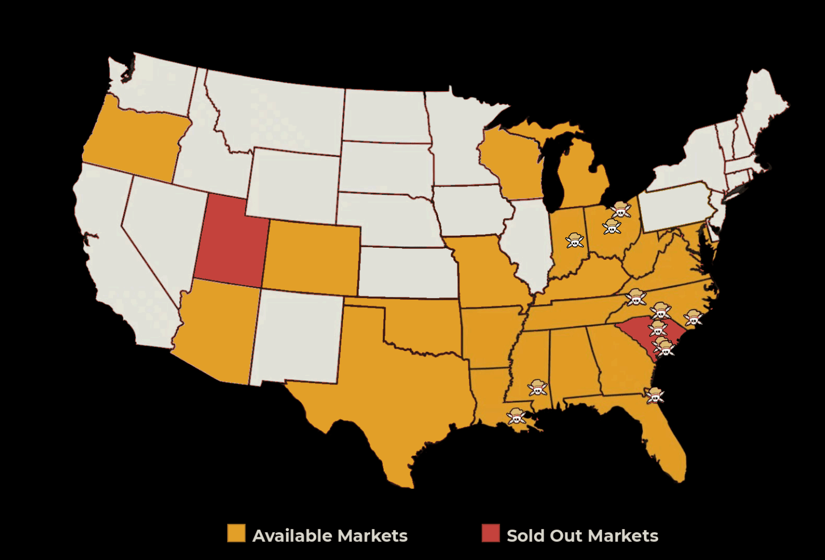Map of the United States showing states with available markets in yellow, sold out markets in red, and others in white. Sold out markets are mainly in the southeast and Colorado.