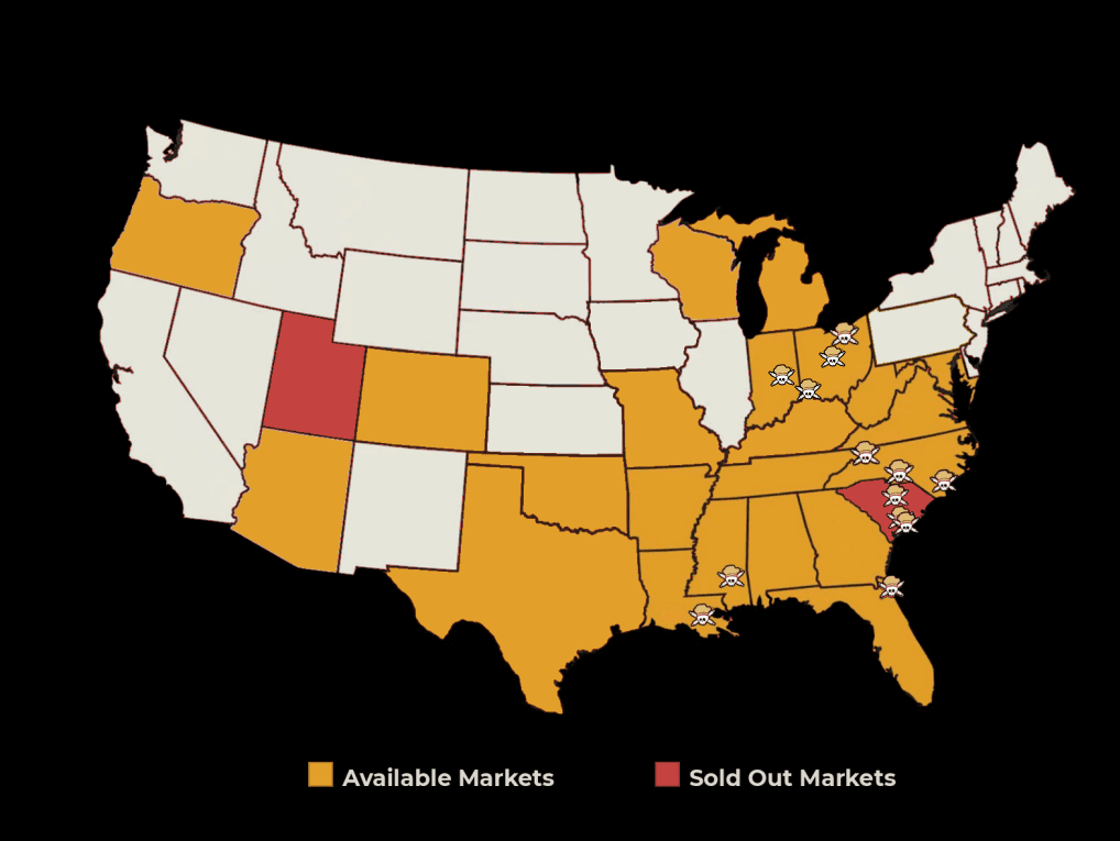 Map of the US showing available markets in yellow, sold out markets in red, with icons marking specific cities in the eastern and southern states.